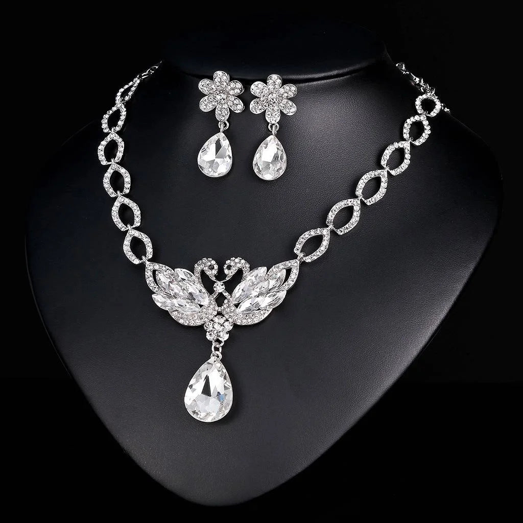 Luxury Bridal Swan Crystal Rhinestone Alloy Jewelry Set With Teardrop Necklace Earrings For Wedding