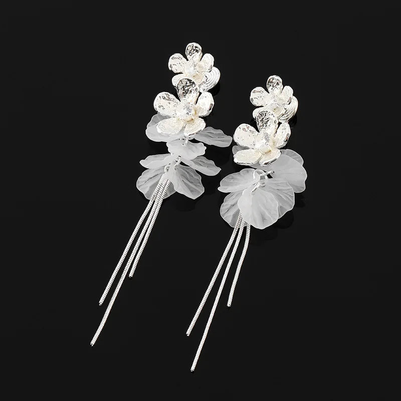 Elegant Alloy Crystal Flower Tassel Drop Stud & Clip On No Piercing Long Chain Statement Earrings