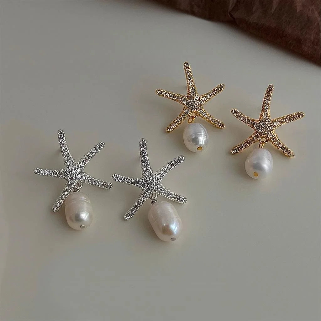 14K Gold Plated Copper Freshwater Pearl Zircon Starfish Drop Earrings Summer Vacation Style