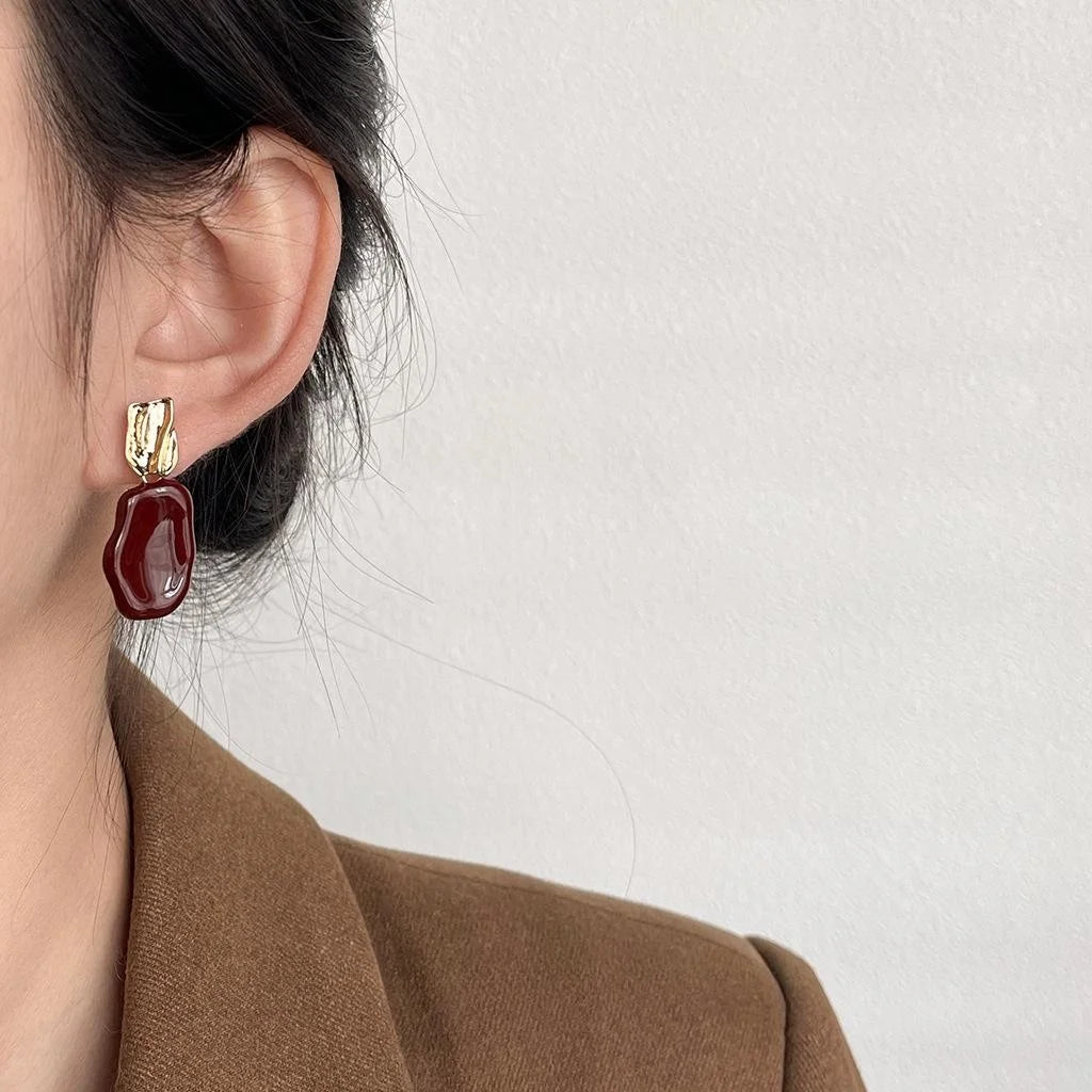 14K Plated Copper Burgundy Enamel Irregular Geometric Hong Kong Vintage Drop Earrings