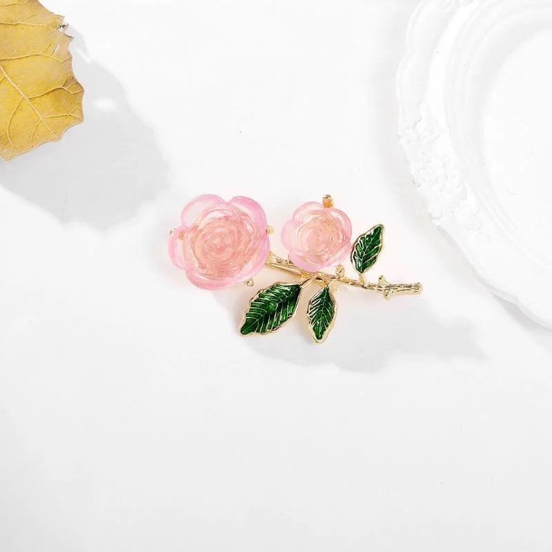 Elegant Pink Rose Flower Brooch With Green Enamel Leaves, Gold Alloy Lapel Pin Corsage Suit Accessory