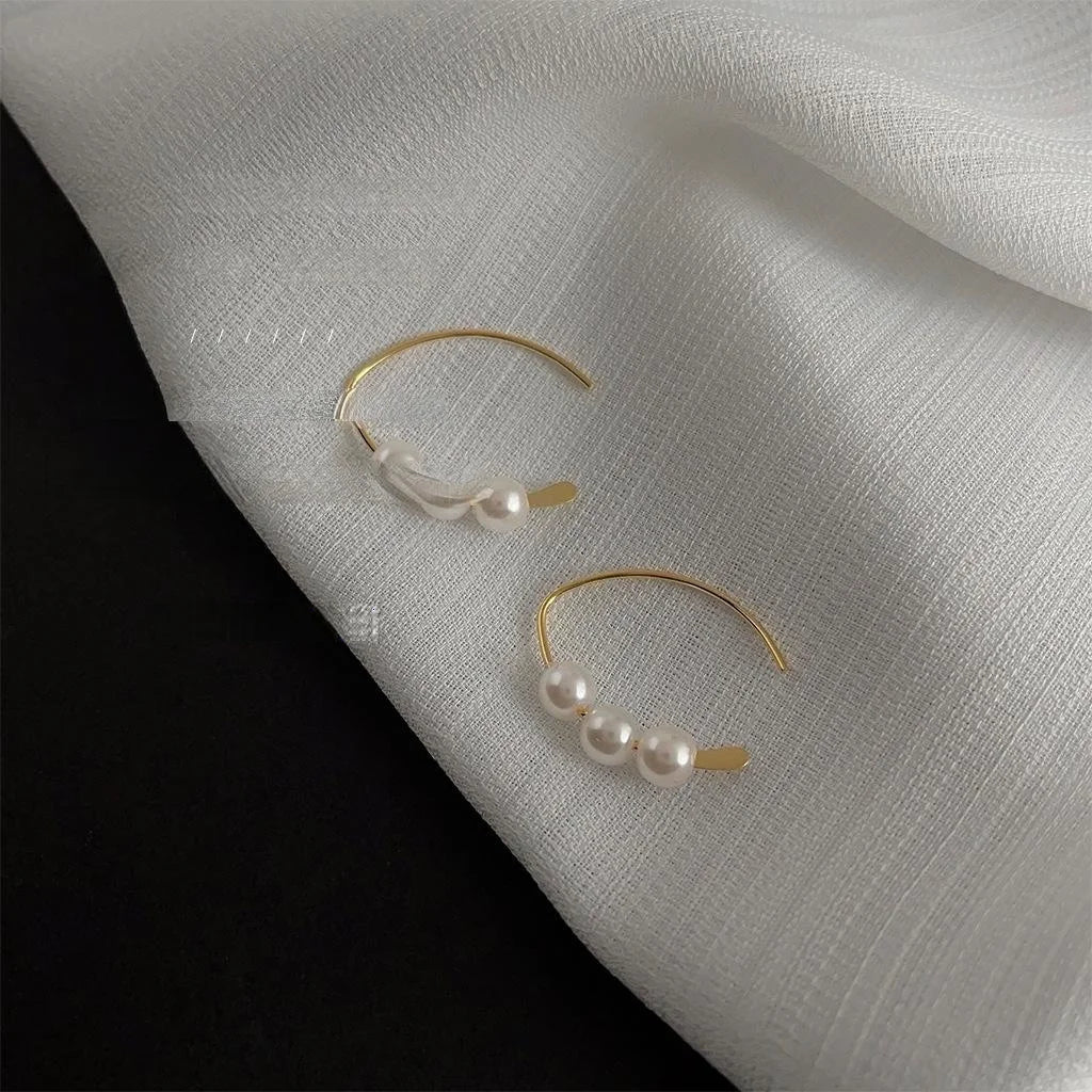14K Gold Plated Copper Geometric Hoop Pearl Drop Earrings Light Luxury Minimalist Style