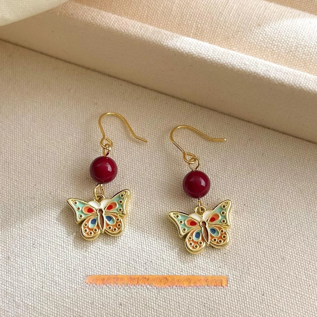 New Chinese Style Copper Double Sided Enamel Butterfly Drop Earrings Handmade Designer Jewelry