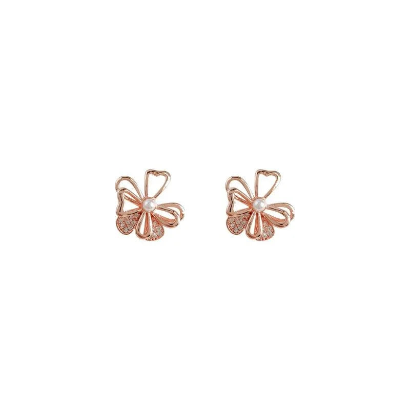 Light Luxury Micro Pave Zircon Rose Gold Hibiscus Flower Copper Stud Earrings for Women