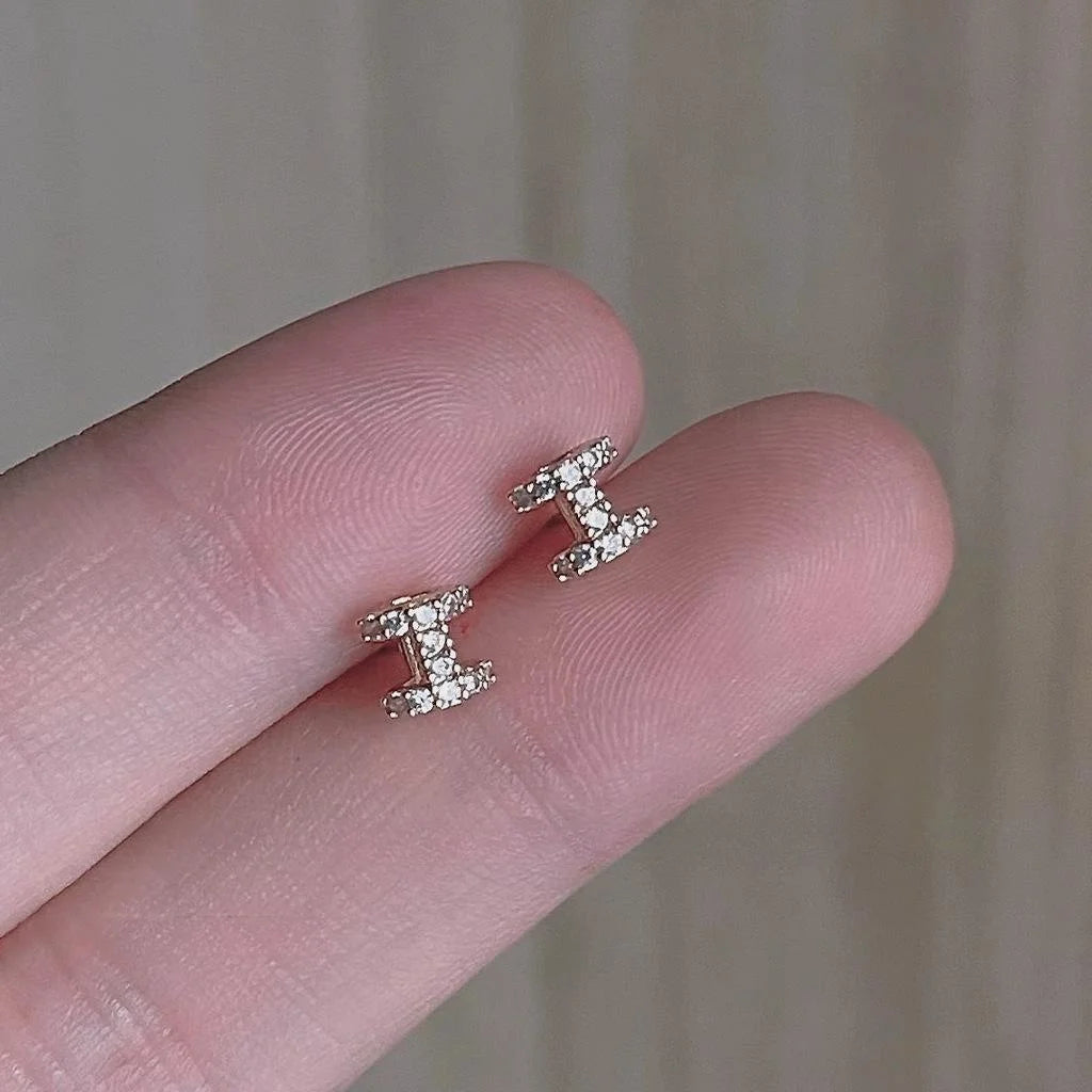Micro Pave Zircon H Letter Stud Earrings Copper Mini Minimalist Commuter Jewelry