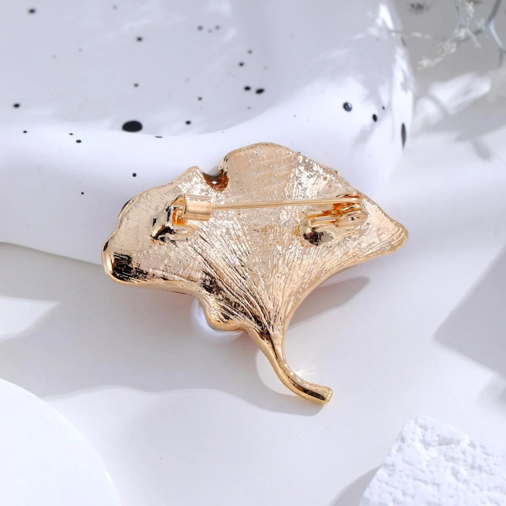 Elegant Enamel Ginkgo Leaf Brooch With Pearl Accent, Gold Alloy Plant Lapel Pin Corsage Gift