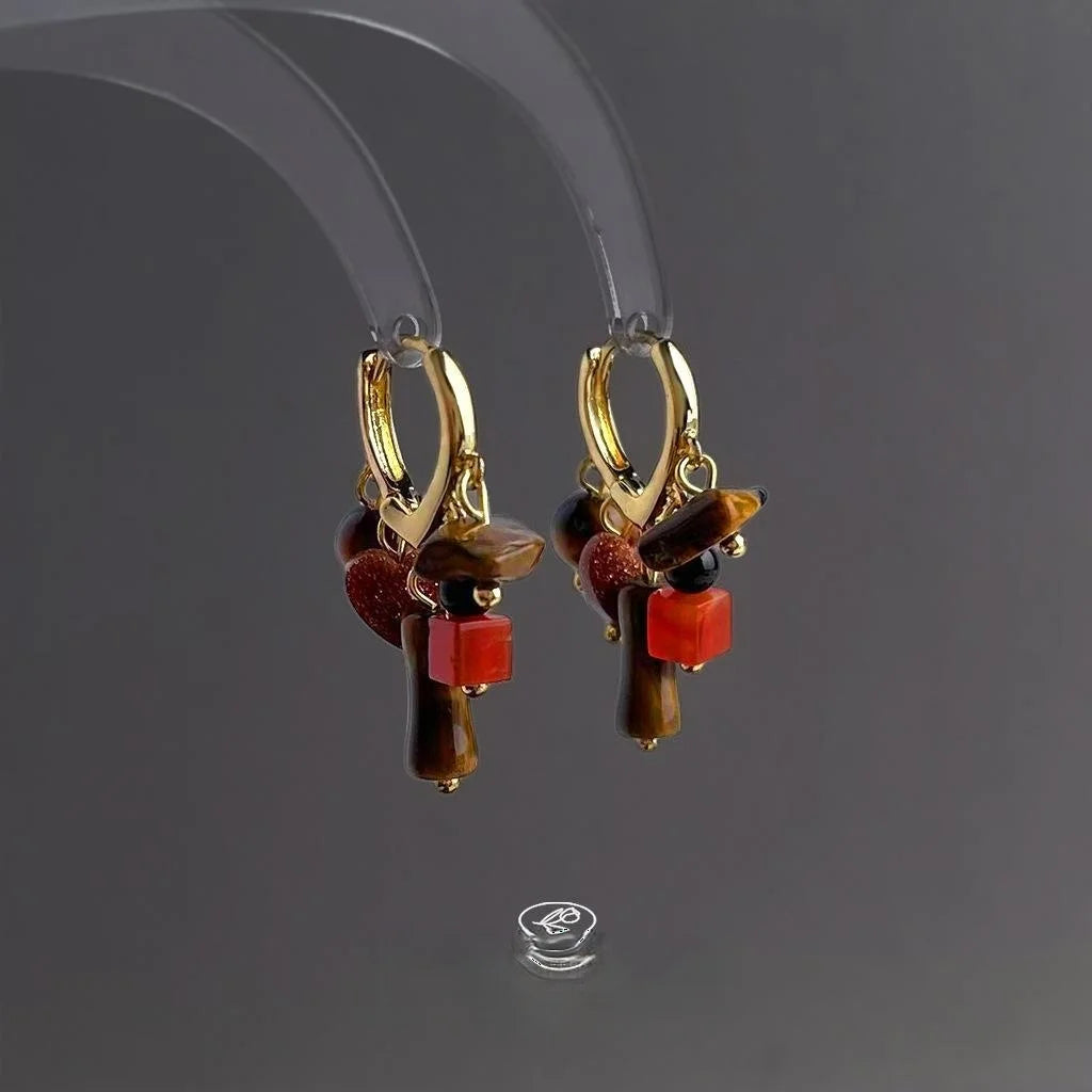 Vintage Ethnic Tiger Eye Agate Heart Tassel Drop Earrings With Copper