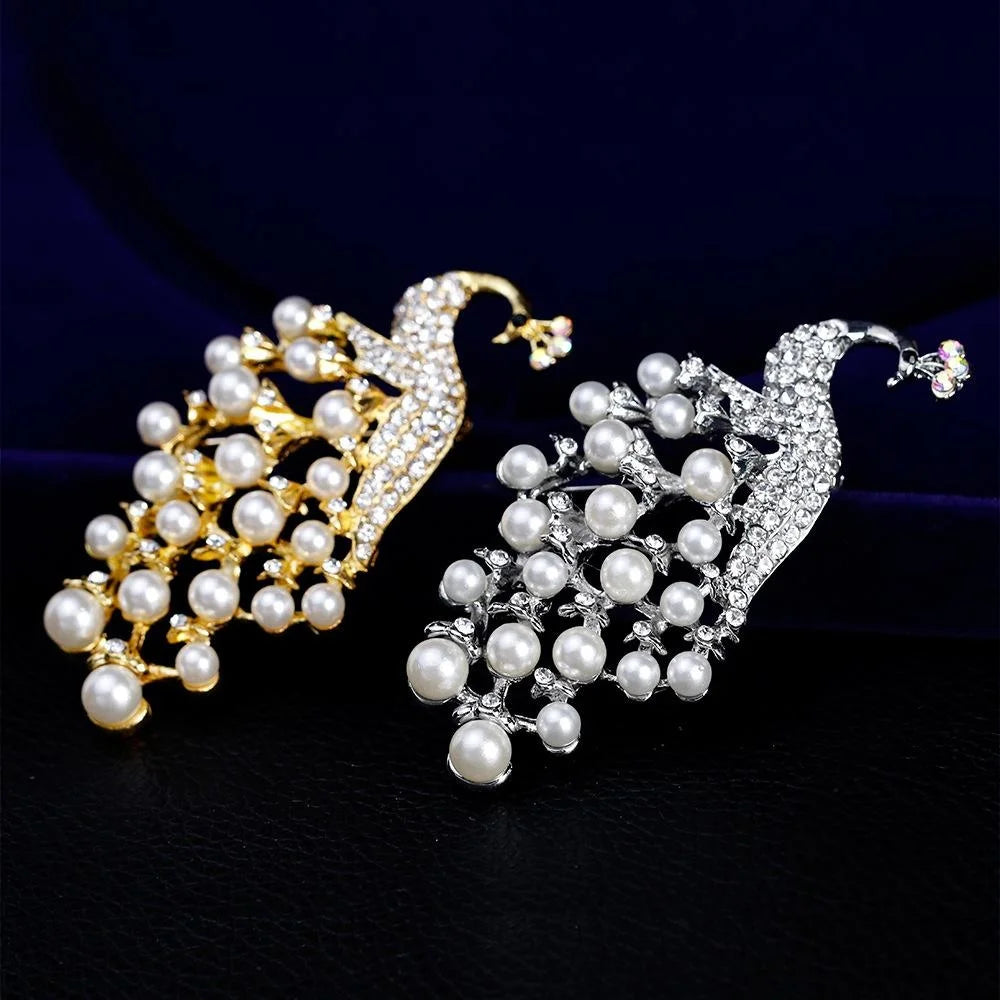 Elegant 18K Gold Plated Peacock Brooch With White Faux Pearls And Rhinestones, Luxury Lapel Pin Gift