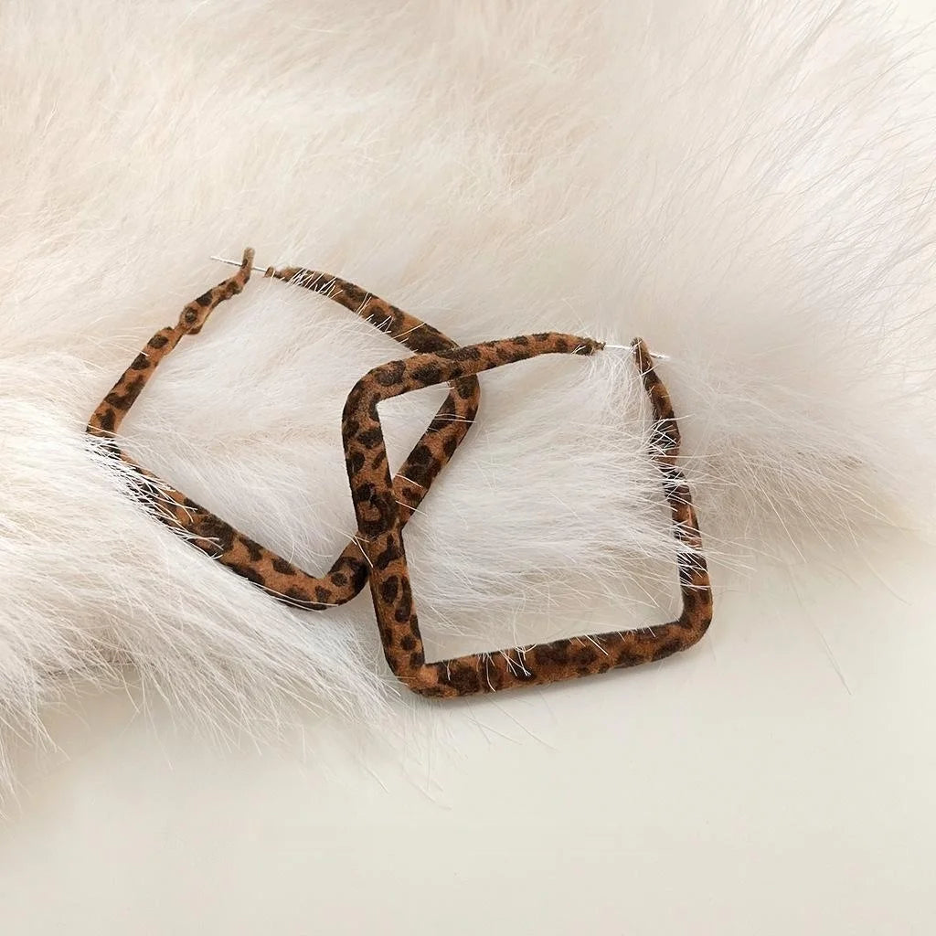 Vintage Copper Leopard Flocked Square Geometric Hoop Earrings For Women