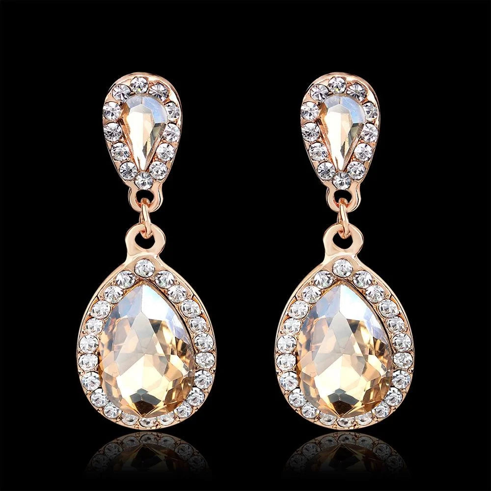 Elegant Champagne Crystal Teardrop Dangle Earrings With Rhinestone Halo For Wedding Party Gift