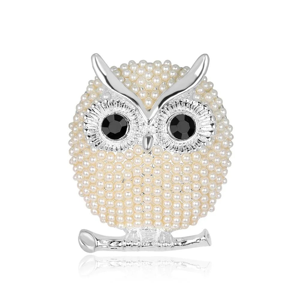 Elegant Gold Owl Brooch With Faux Pearl Beads And Black Rhinestone Eyes, Luxury Lapel Pin Corsage Gift
