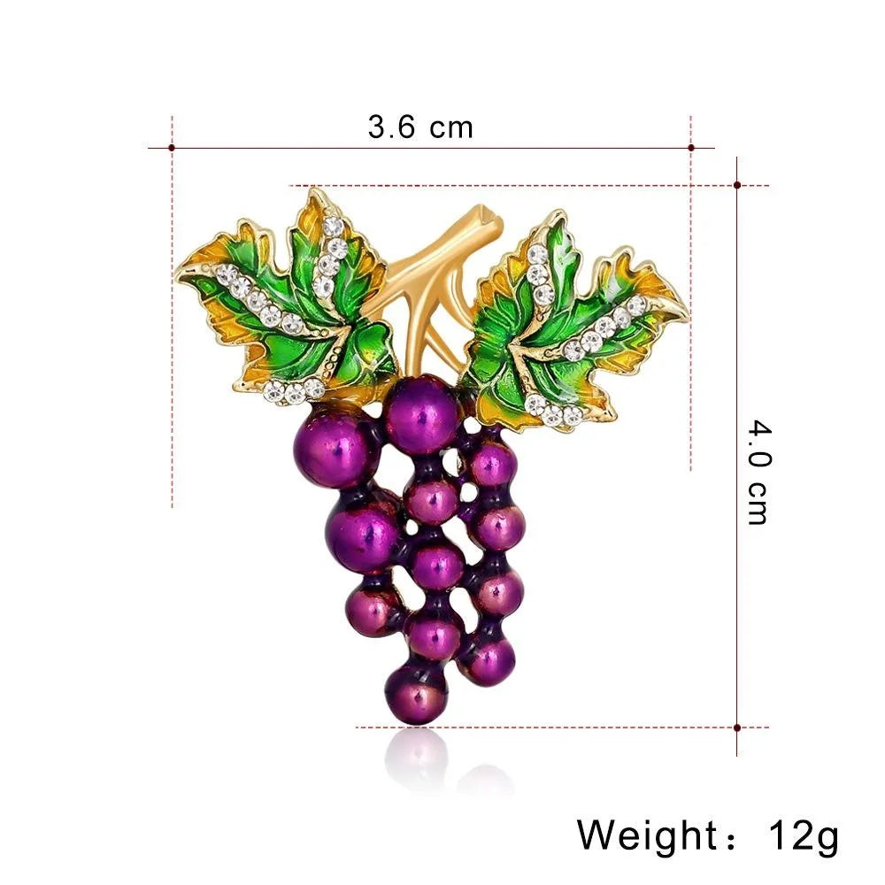 Elegant Purple Grape Brooch With Enamel Leaves And Rhinestones, Alloy Fruit Lapel Pin Suit Accessory Gift
