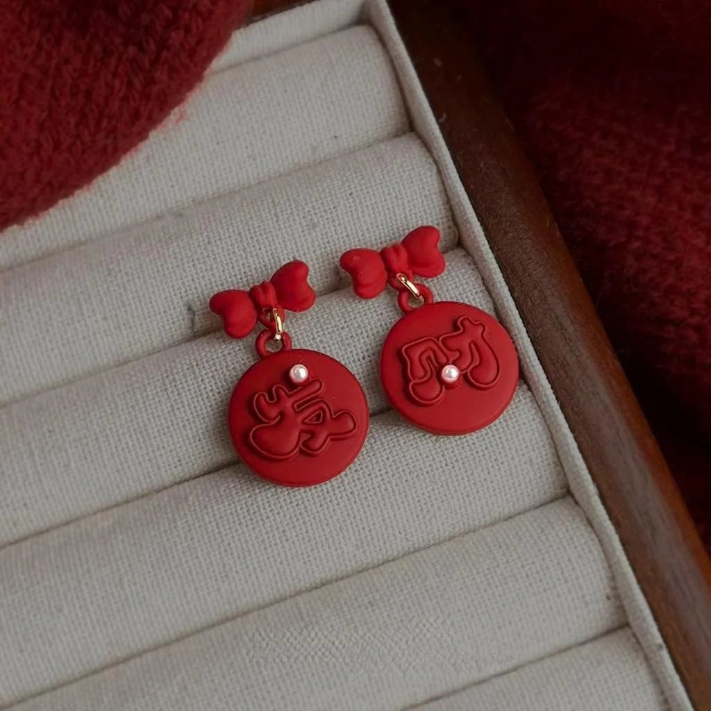 Chinese Style Red Bow Drop Earrings Copper New Year Festive Lucky Jewelry