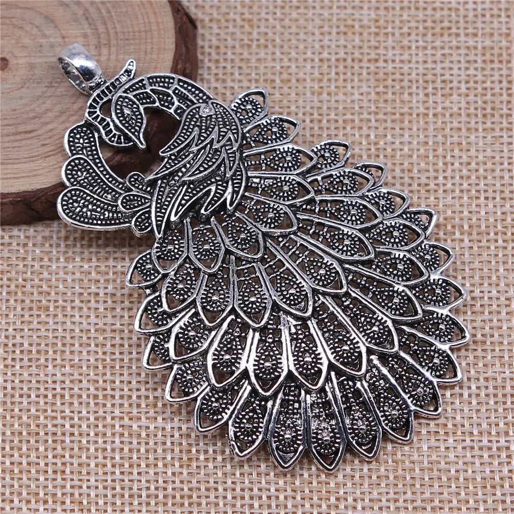 86x53mm 19g Antique Silver Zinc Alloy Large Peacock Charm Pendant for DIY Statement Necklace Jewelry