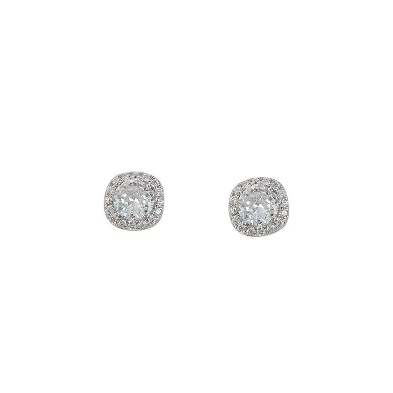 Micro Pave Zircon Square Geometric Stud Earrings, Silver Plated Copper Minimalist Korean Style