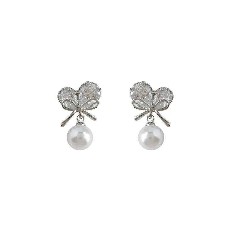Silver Plated Copper Zircon Heart Bow Pearl Stud Earrings For Women Elegant Jewelry
