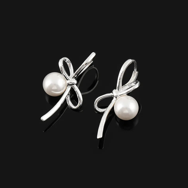 Elegant Silver Alloy Bowknot Pearl Stud & Clip On No Piercing Unique Gentle Fashion Earrings