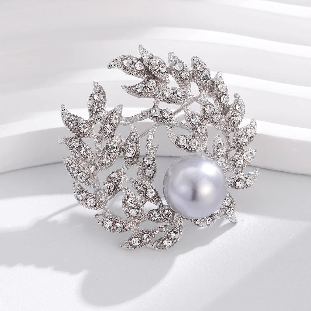 Elegant Rhinestone Leaf Wreath Brooch With Faux Pearl, Luxury Women's Lapel Pin Corsage Suit Accessory Gift
