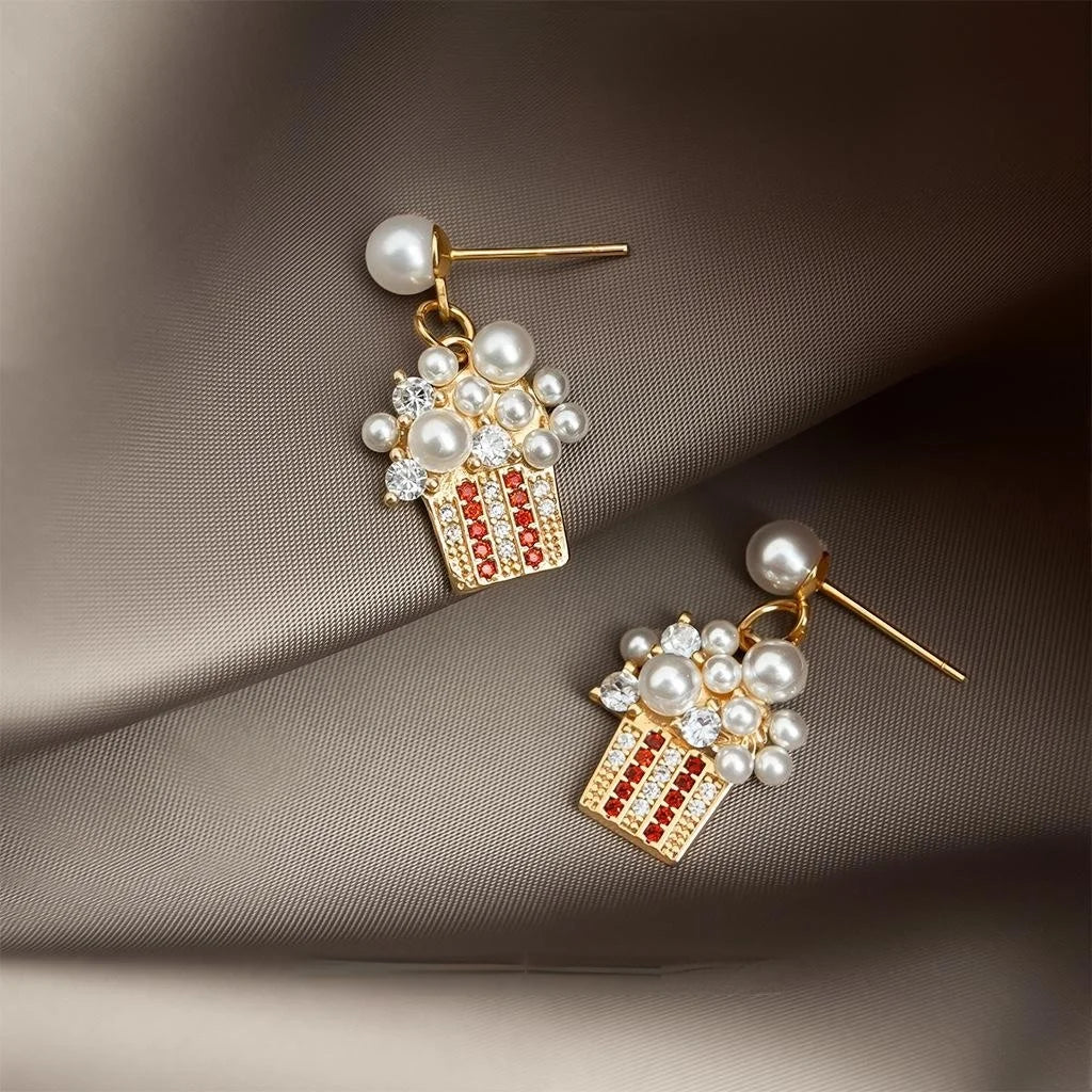 14K Gold Plated Copper Ice Cream Cartoon Pearl Zircon Drop Earrings Niche Designer Jewelry