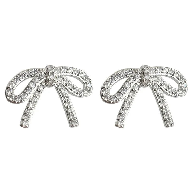 Micro Pave Zircon Copper Bow Knot Stud Earrings Sweet Minimalist Ribbon Commuter Jewelry