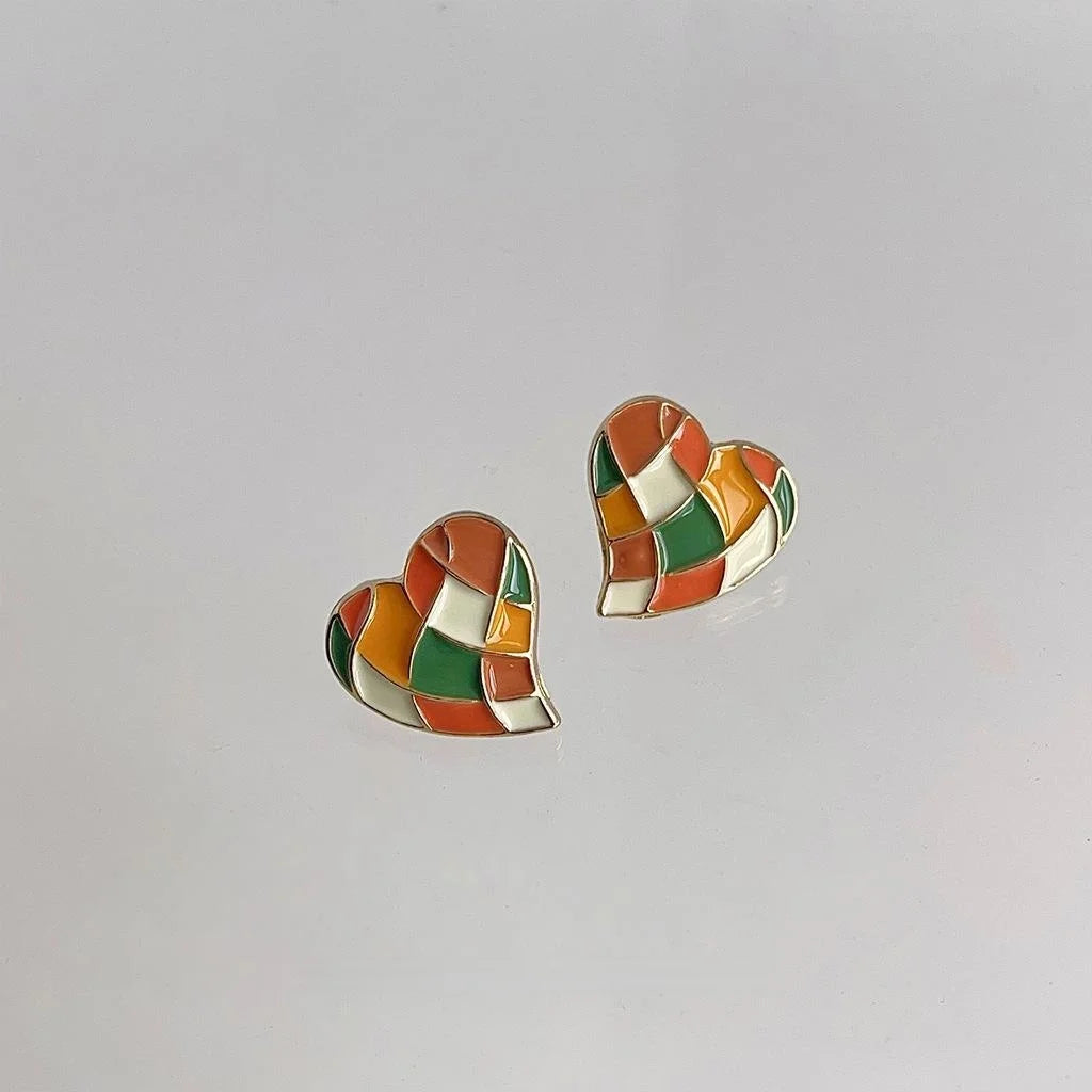 14K Plated Copper Colorblock Plaid Enamel Heart Stud Earrings Korean Sweet Style