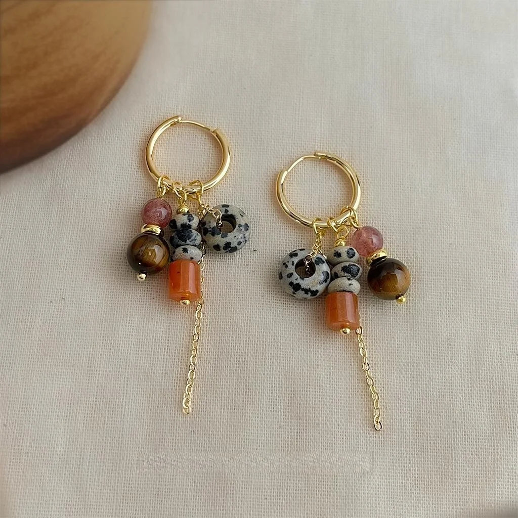 Vintage Ethnic Copper Tiger Eye Spotted Stone Tassel Drop Earrings Handmade Geometric Jewelry