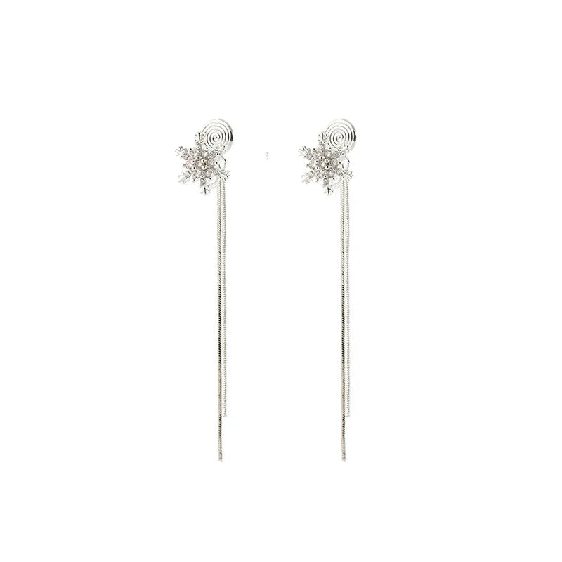 Elegant Rhinestone Snowflake Long Tassel Stud & Clip On No Piercing Face Slimming Drop Earrings