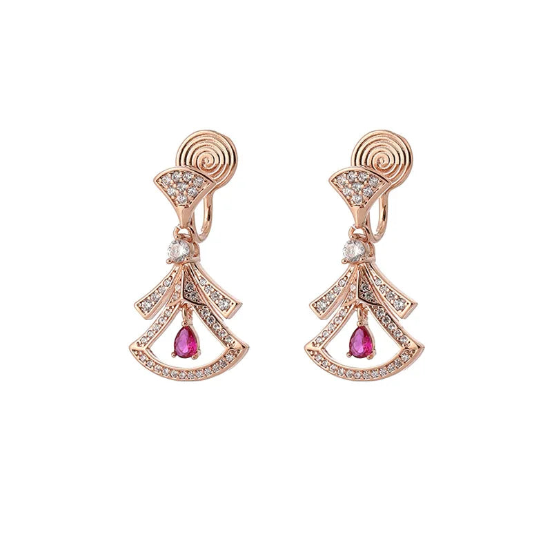 Elegant Fan Skirt Zircon Rhinestone Drop Stud & Clip On No Piercing Rose Gold Alloy Earrings
