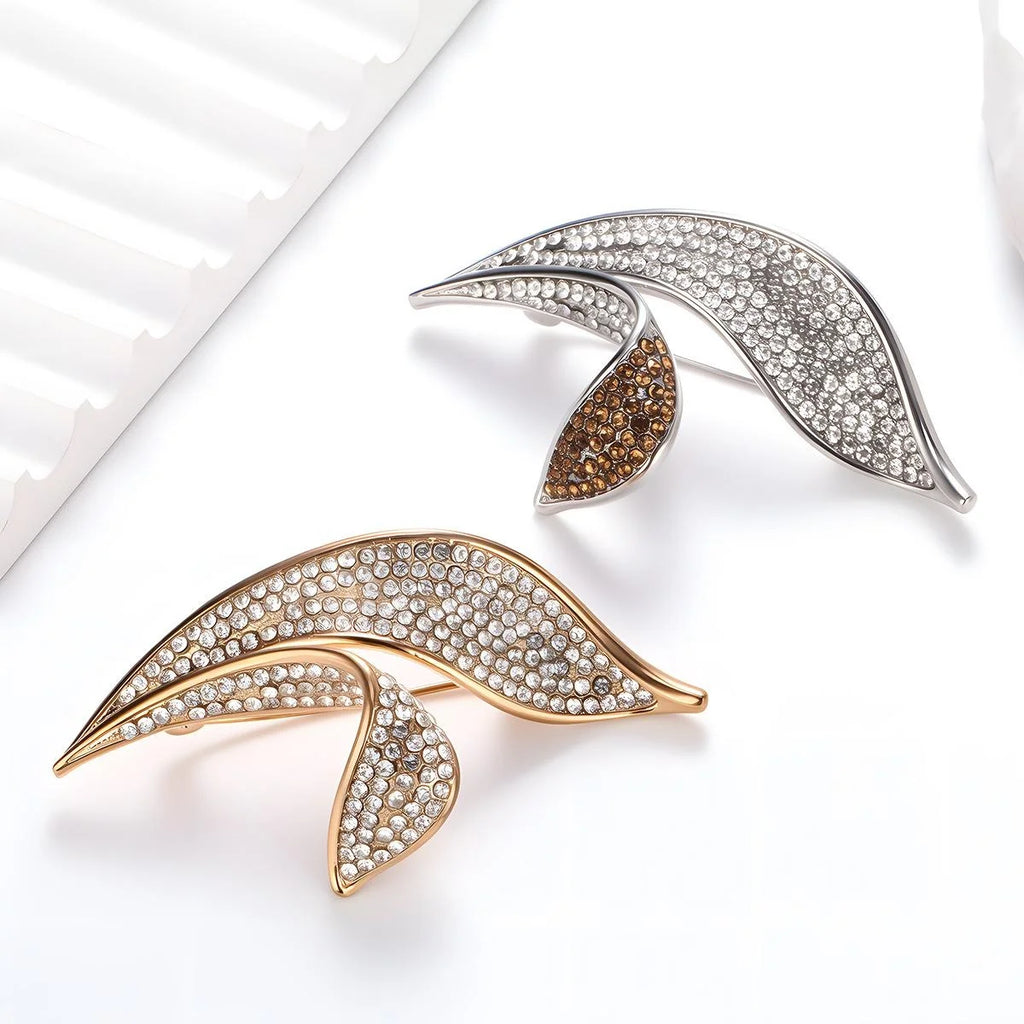 Elegant Asymmetric Leaf Rhinestone Brooch Rose Gold Tone Alloy Lapel Pin Corsage Suit Accessory Gift