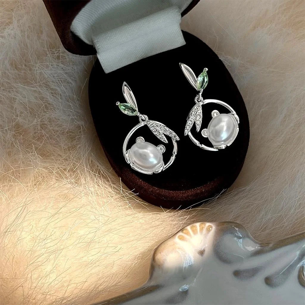 New Chinese Style Panda Bamboo Leaf Drop Earrings Copper Zircon Pearl Hollow Animal Jewelry