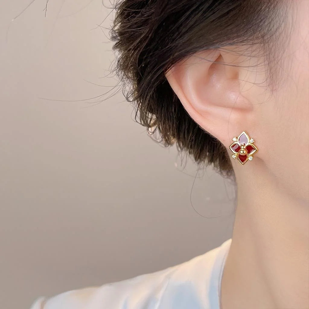 Hepburn Style Burgundy Enamel Gourd Flower Zircon Copper Stud Earrings