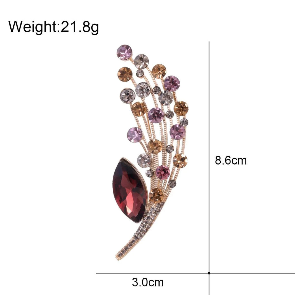 Luxury Leaf Spray Rhinestone Alloy Brooch With Red Crystal, Elegant Lapel Pin Corsage Suit Accessory