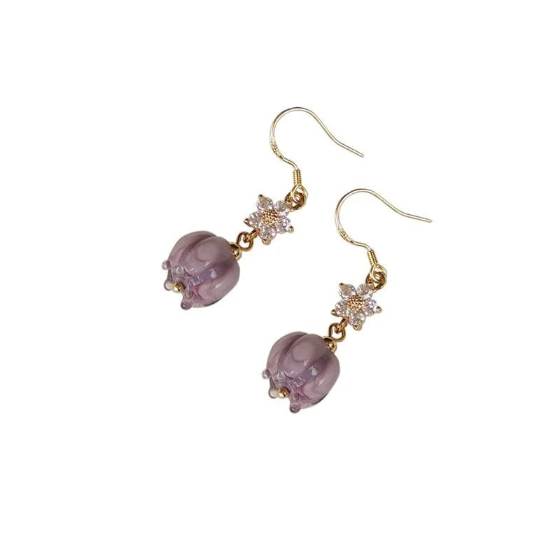 Purple Floral Glass Liuli 14K Plated Wind Chime Drop Earrings For Women
