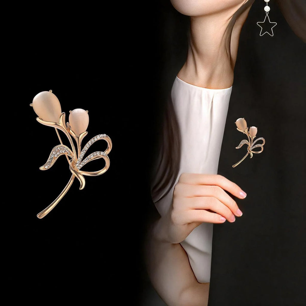 Elegant Tulip Flower Brooch With Cat Eye Stone And Rhinestone Rose Gold Alloy Lapel Pin Corsage Gift