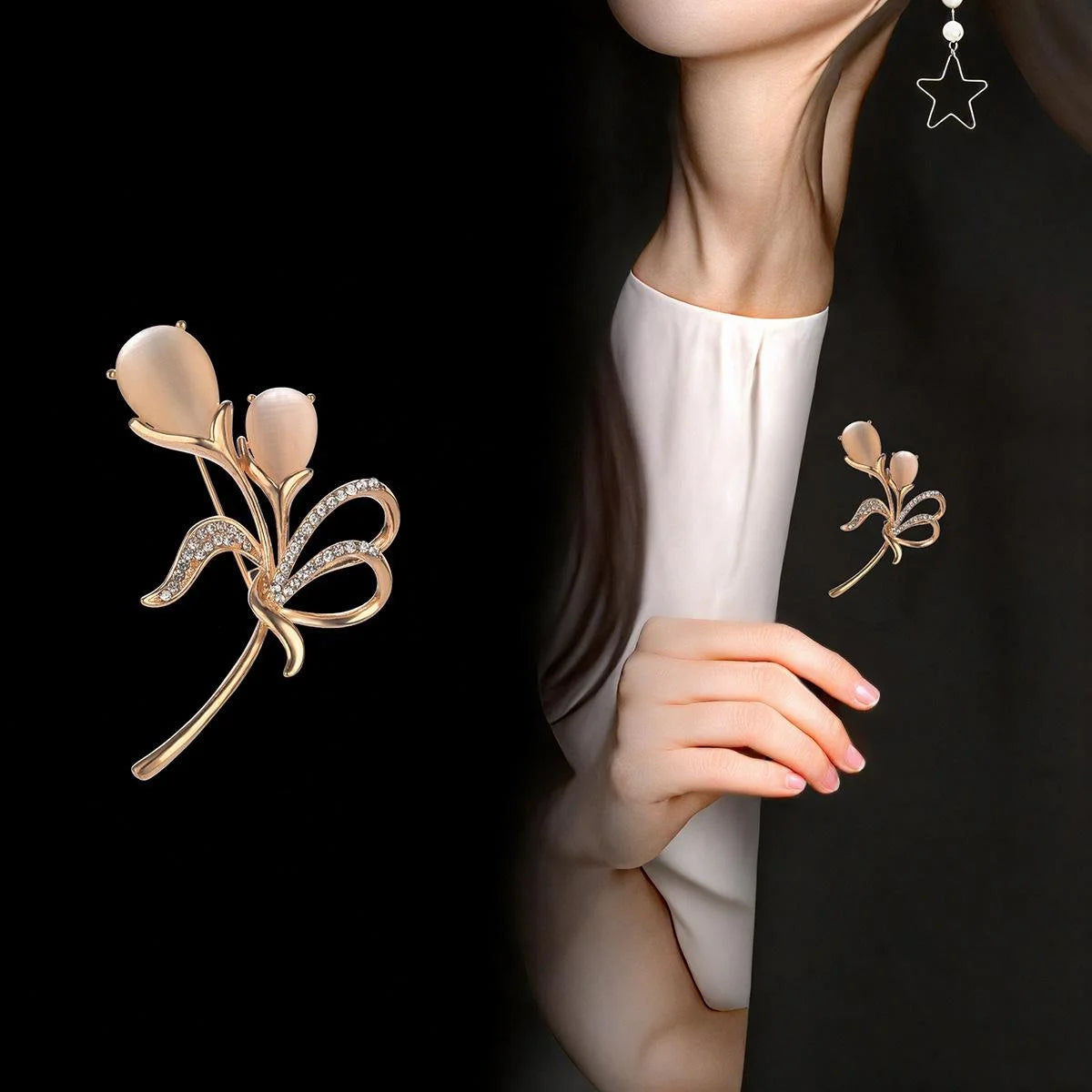 Elegant Tulip Flower Brooch With Cat Eye Stone And Rhinestone Rose Gold Alloy Lapel Pin Corsage Gift