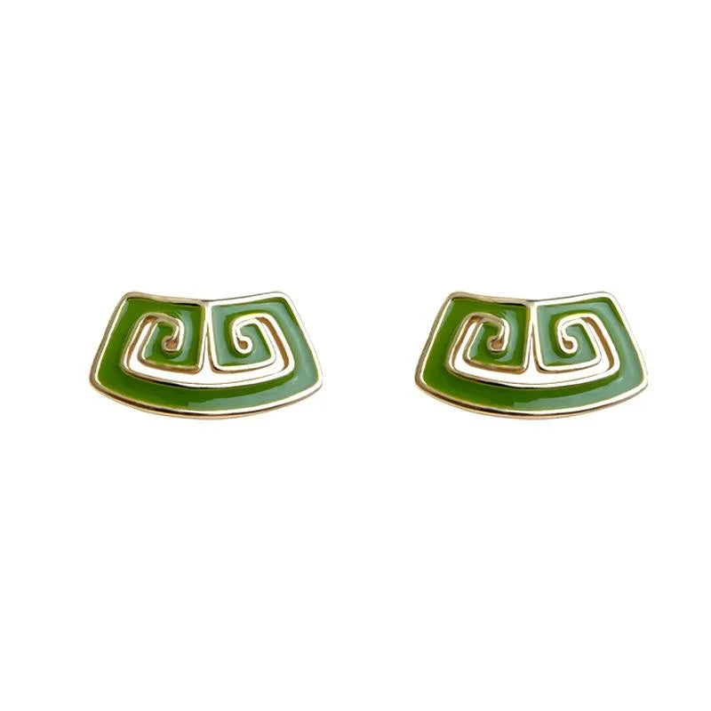 New Chinese Guochao Vintage Copper Great Wall Enamel Geometric Stud Earrings