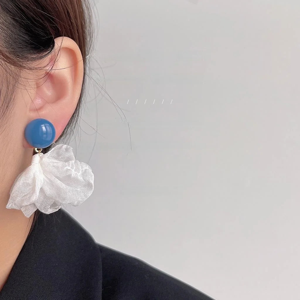 Haze Blue Mesh Flower Stud Earrings Sweet Korean Silver Plated Pin Fairy Style Ear Jewelry