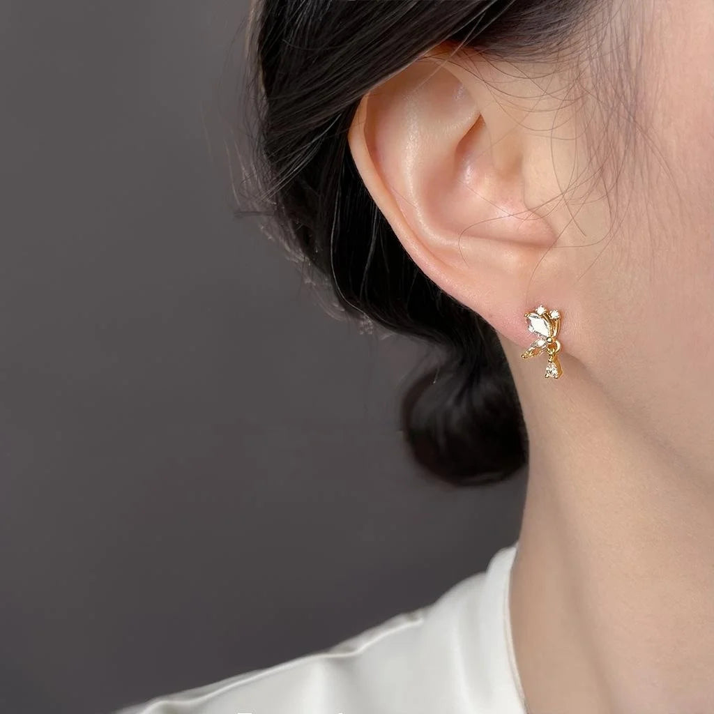 Copper Micro Pave Zircon Water Drop Butterfly Stud Earrings French Sweet Floral Style