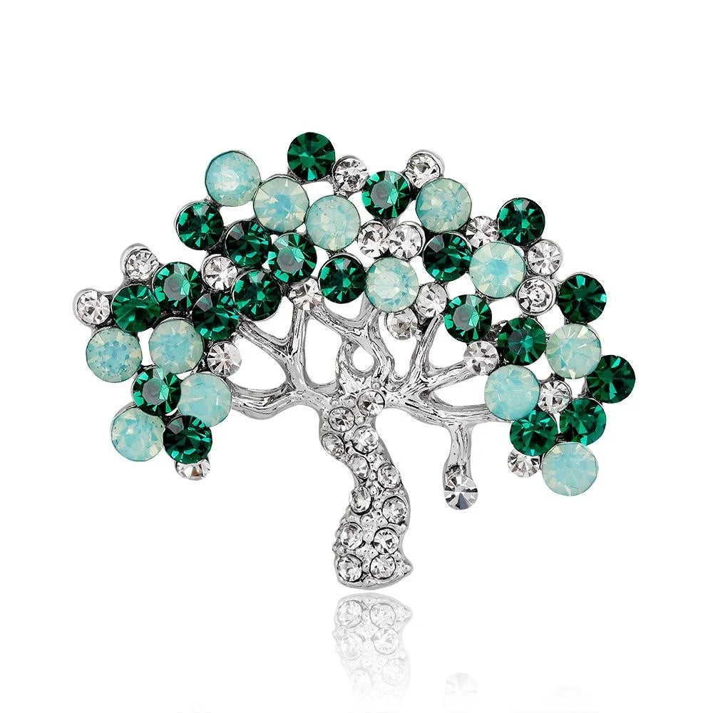 Elegant Alloy Crystal Rhinestone Tree Brooch With Green Cat Eye Stones, Women's Lapel Pin Suit Accessory