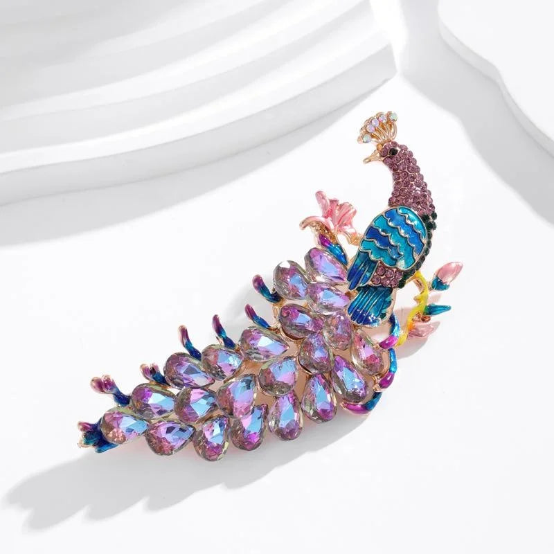 Luxury Full Rhinestone Peacock Feather Brooch With Enamel Detail, Elegant Animal Lapel Pin Gift