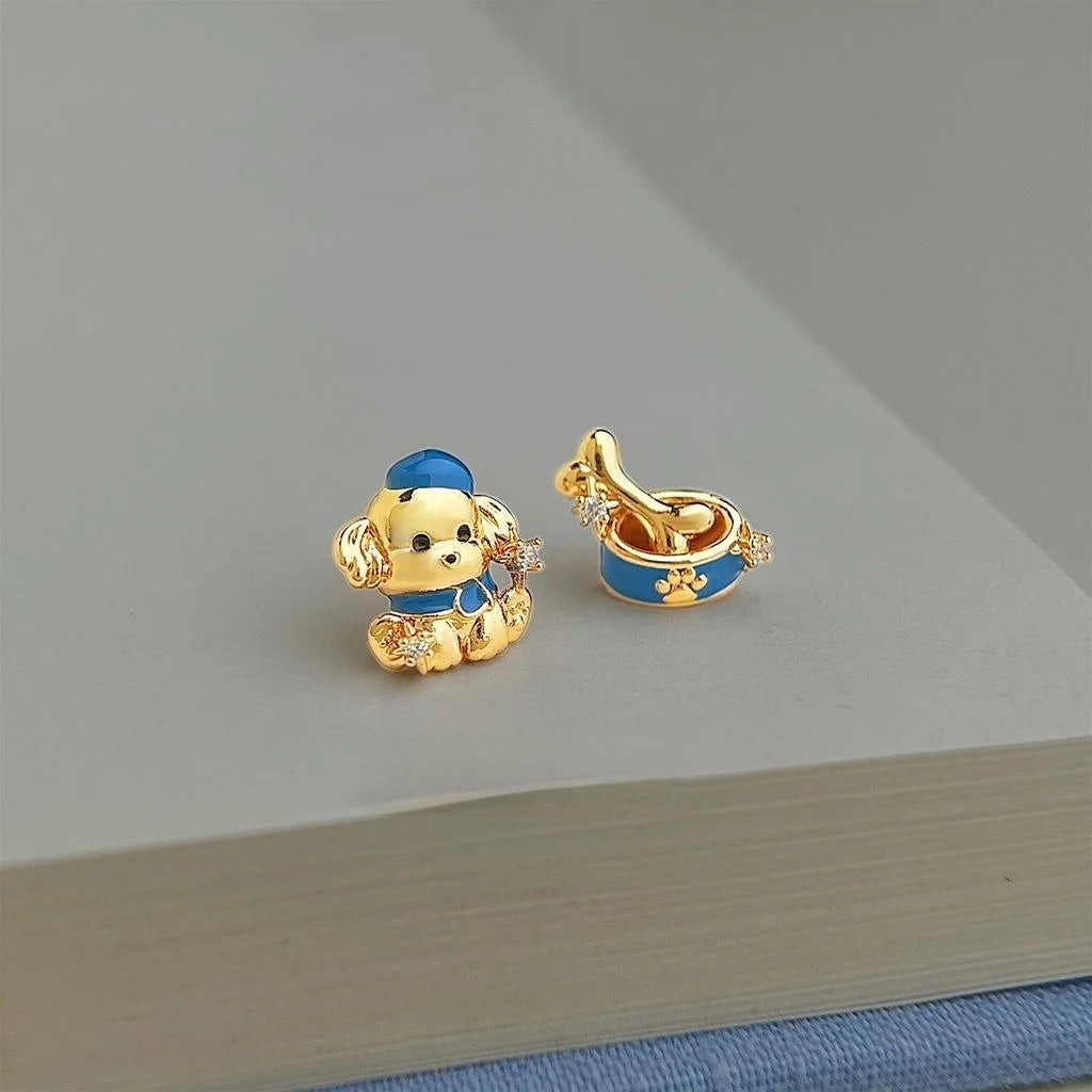 Original Designer Enamel Painted Dog And Bone Micro Pave Zircon Copper Stud Earrings