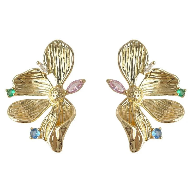 Elegant 14K Plated Liquid Flower Metal Drop Earrings With Micro Pave Zircon