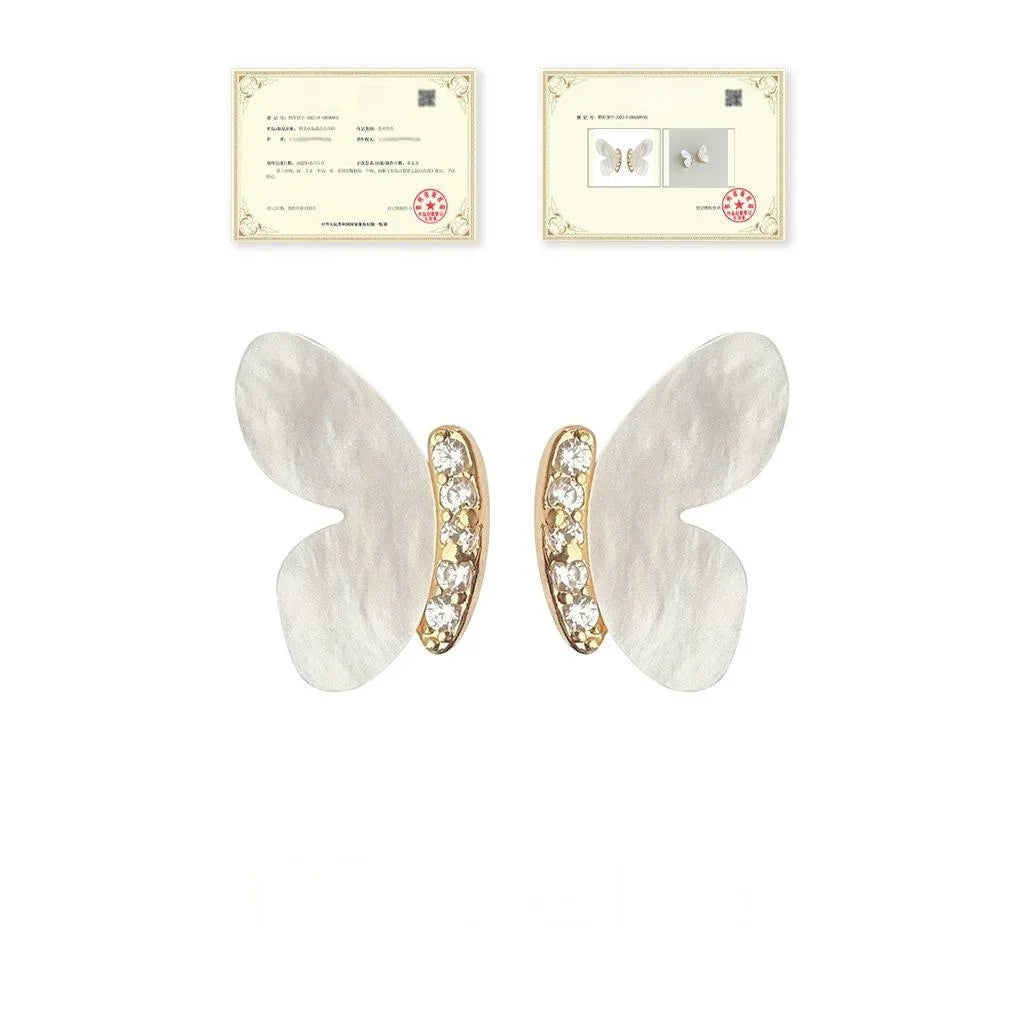 Original Design Cream White Micro Pave Zircon Butterfly Copper Stud Earrings French Elegant Jewelry