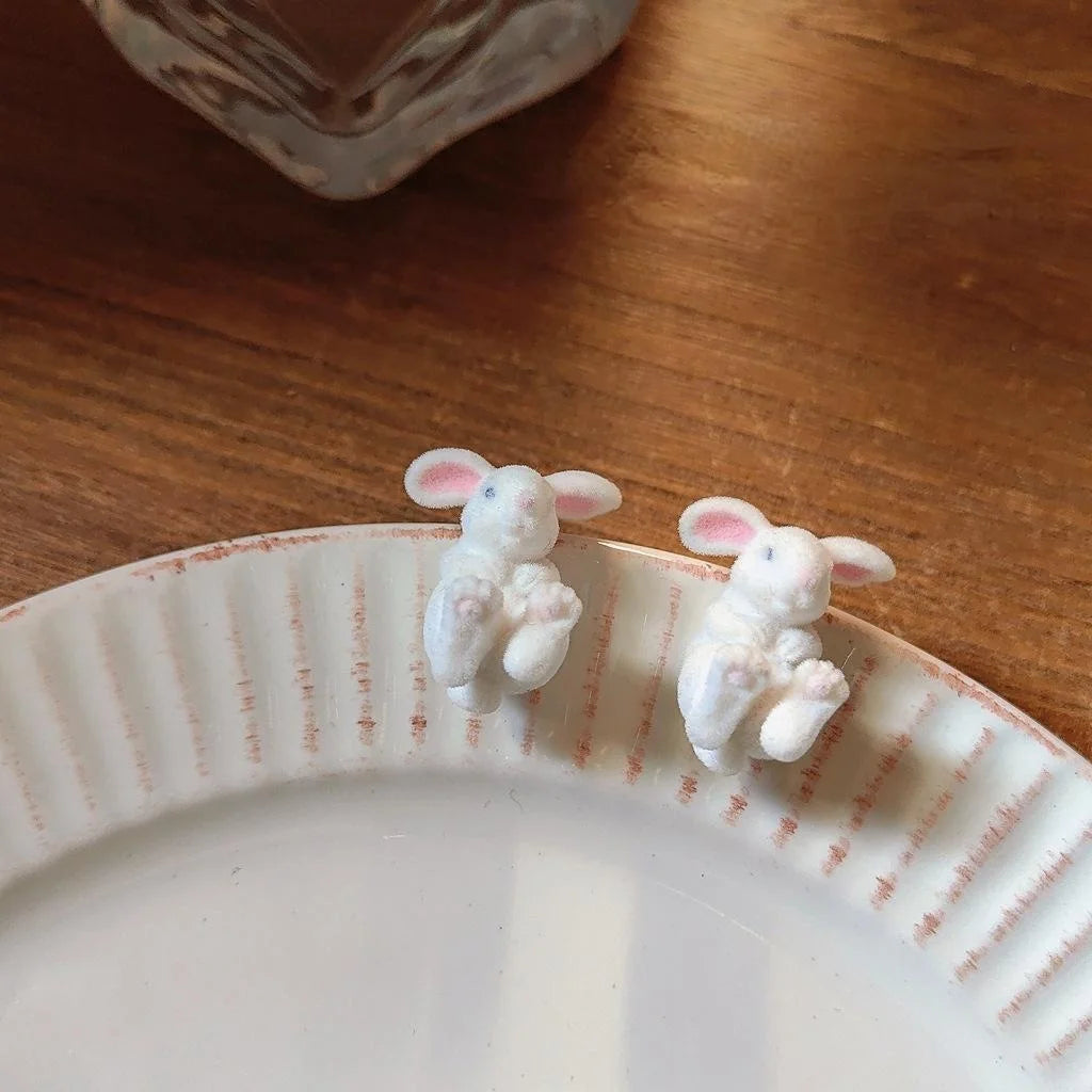 Cute Flocked Resin Rabbit Stud Earrings With Silver Plated Pins, Korean Sweet Girl Winter Jewelry