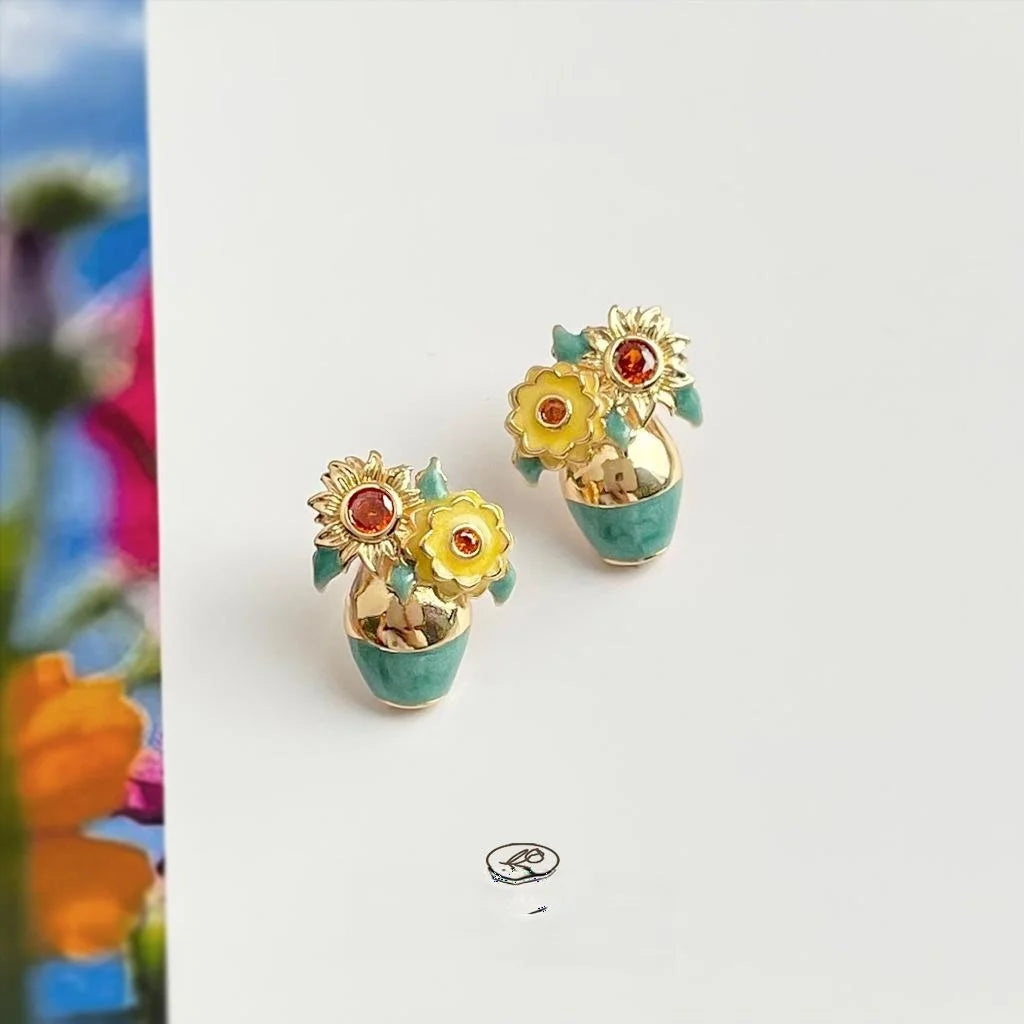 Luxury Designer Sunflower Enamel Stud Earrings 14K Plated Copper Micro Pave Zircon Jewelry