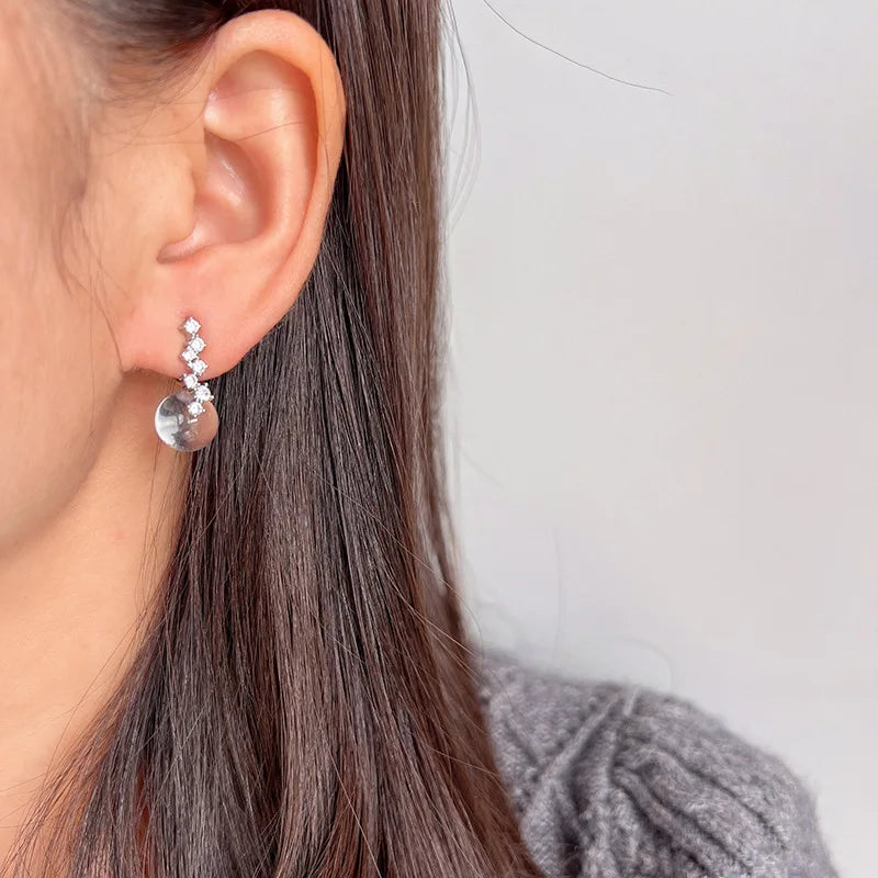 Elegant Starry Zircon Crystal Transparent Round Glass Bead Drop Stud & Clip On No Piercing Earrings