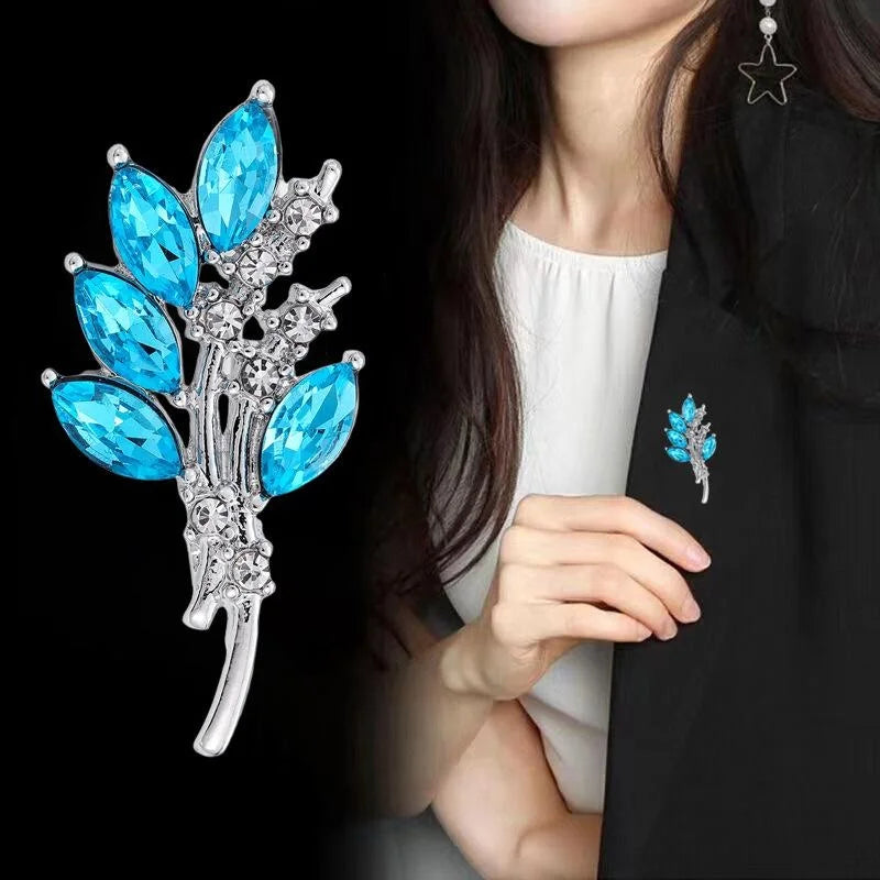 Elegant Blue Rhinestone Olive Branch Alloy Brooch, Sparkling Leaf Lapel Pin Corsage Suit Accessory Gift
