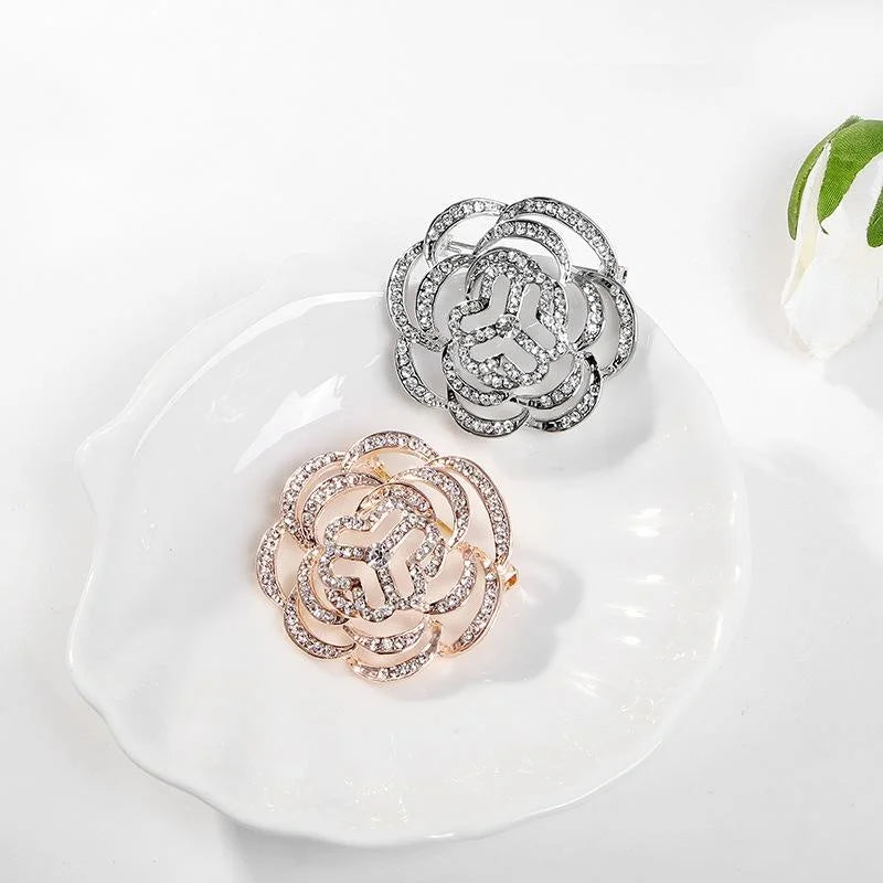 Elegant Rhinestone Women's Federation Emblem Flower Brooch, Alloy Crystal Lapel Pin Corsage Suit Gift