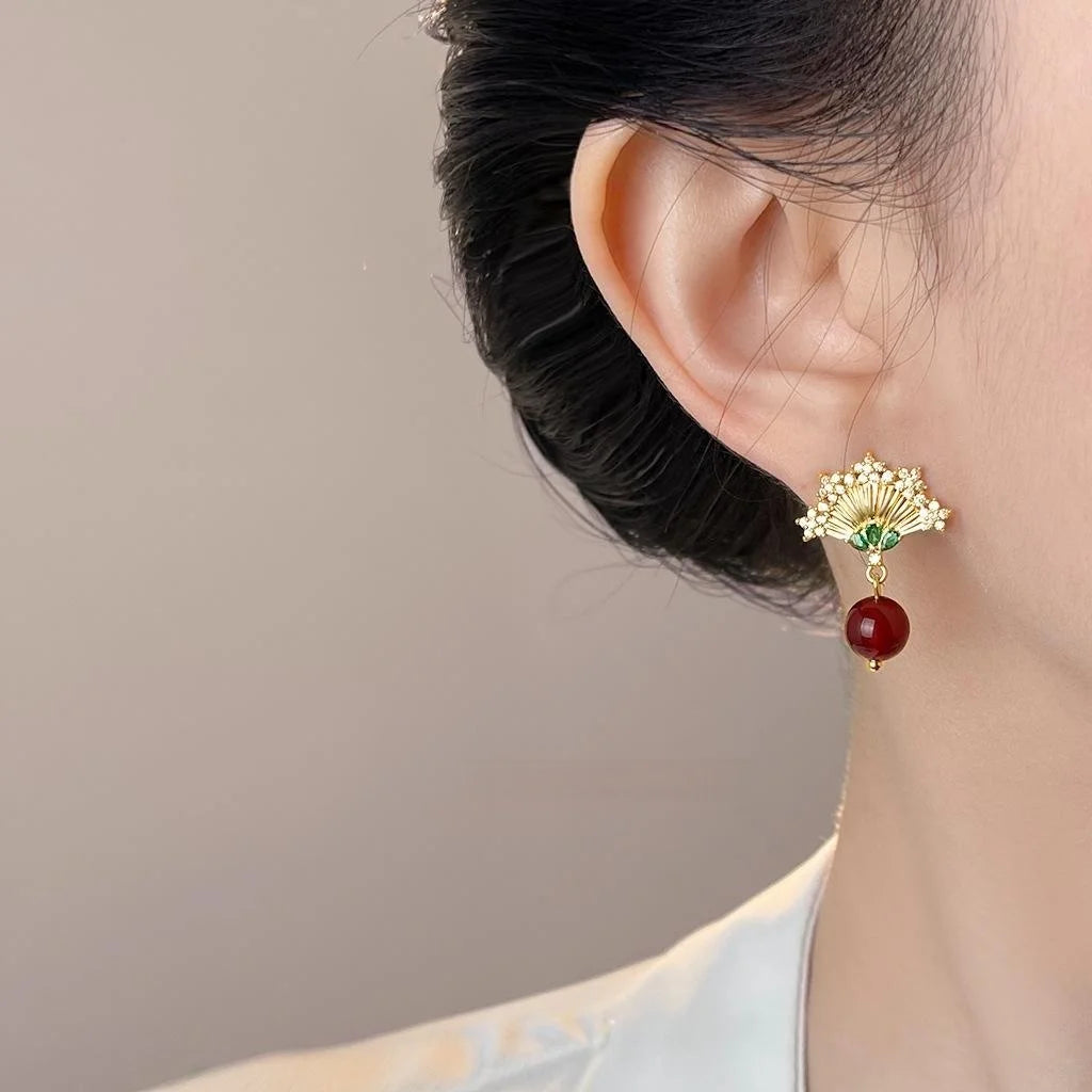 Original Chinese Style Micro Pave Zircon Fan Red Agate Ethnic Drop Earrings