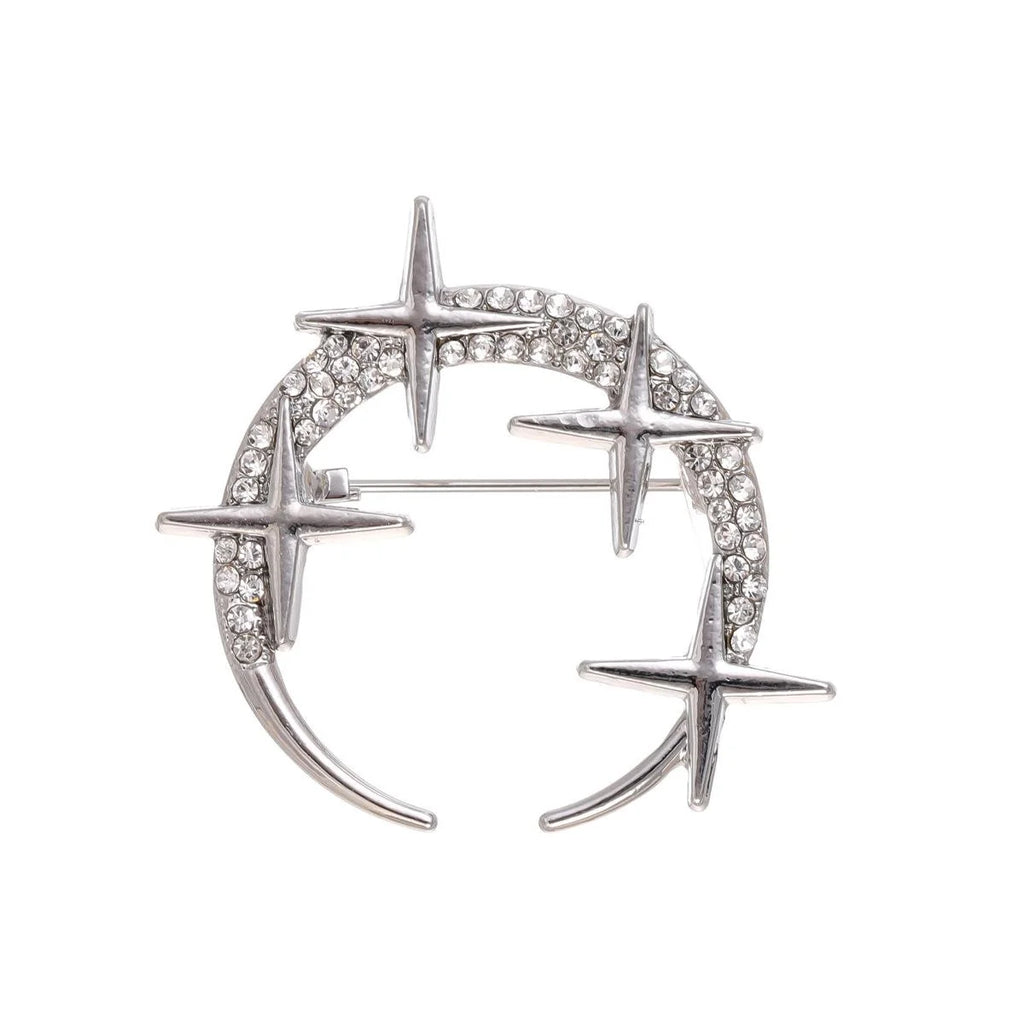 Elegant Rhinestone Crescent Moon And Star Alloy Brooch For Women, Sparkling Lapel Pin Corsage Gift